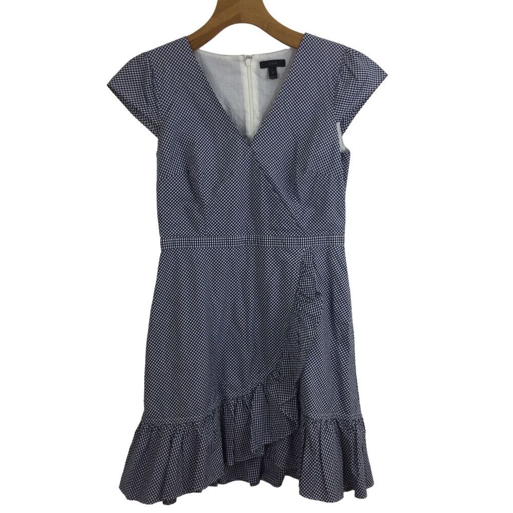 J. Crew Womens Faux Wrap V-Neck Gingham Blue White Plaid Cap Sleeve Dress Size 6